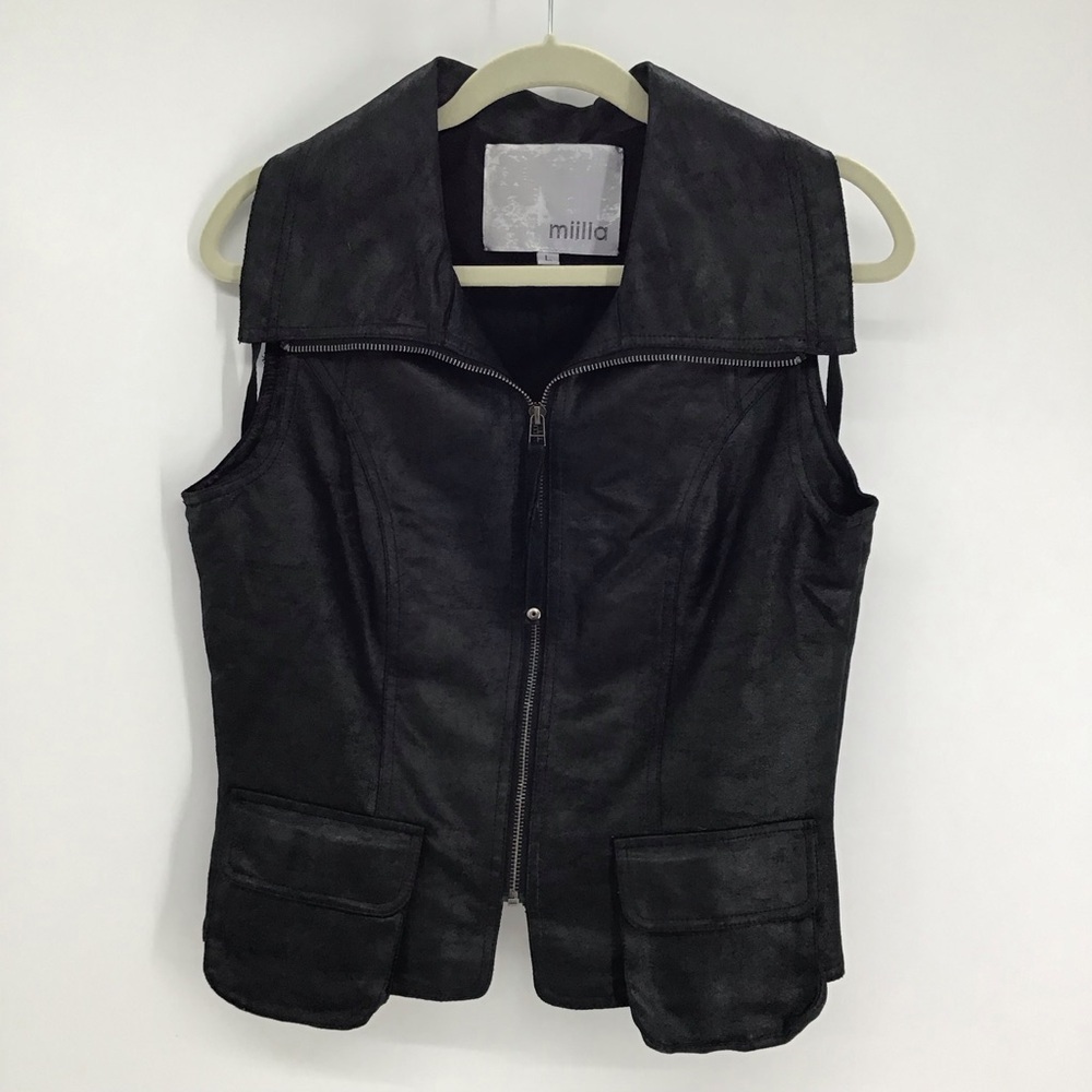 Miilla Women’s Faux Leather Zip-Up Biker Style Vest Buckle in Back Black Size L